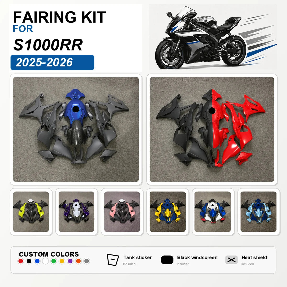 For S1000RR 2025 2026 Motorbike Fairing Kit ABS Plastic Custom Painted Fairings Bodywork Cowl Panels Red Black Blue